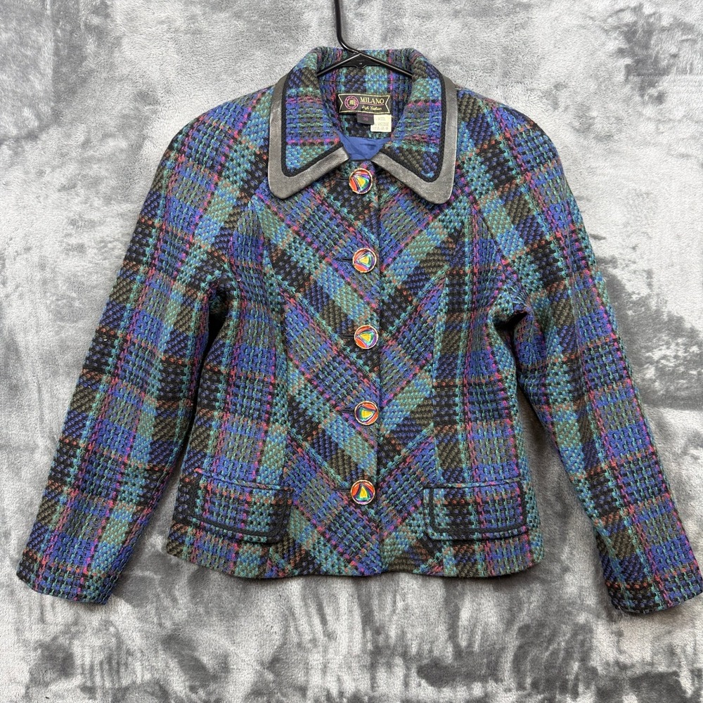 Milano Blazer Jacket Women 38 Multi Color Plaid Wool Blend Leather Trim Vintage